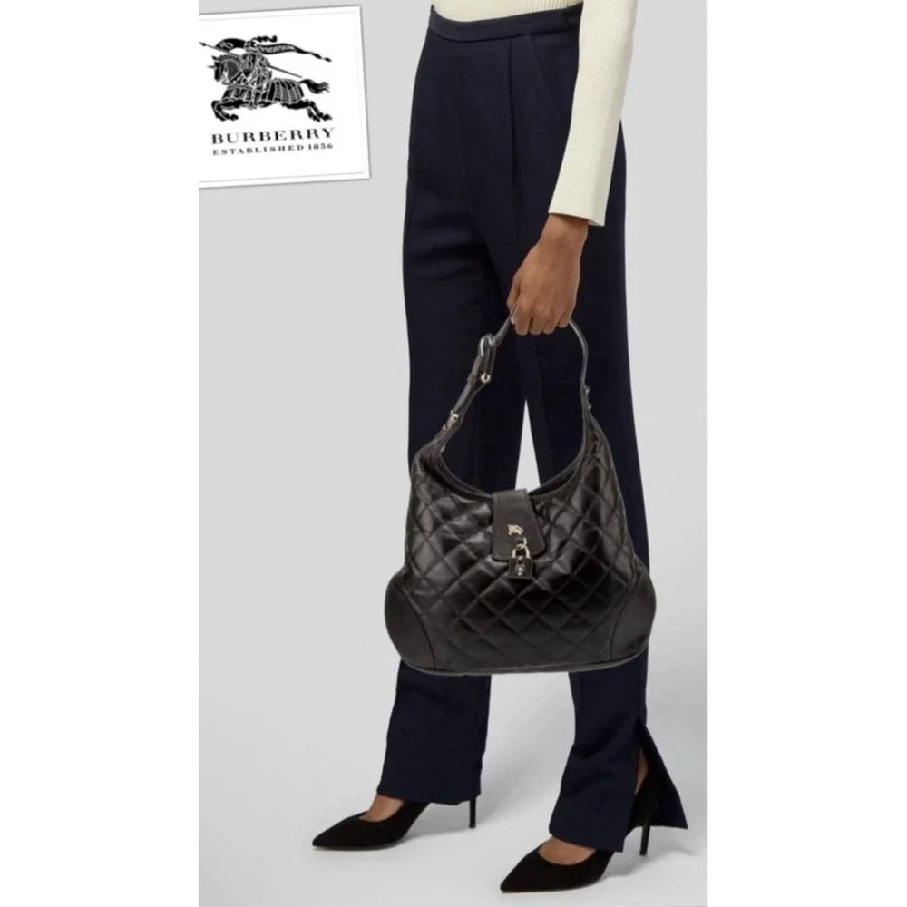 Y2K Burberry Brooke Padlock Black Quilted Leather Hobo Handbag Purse Equestrian